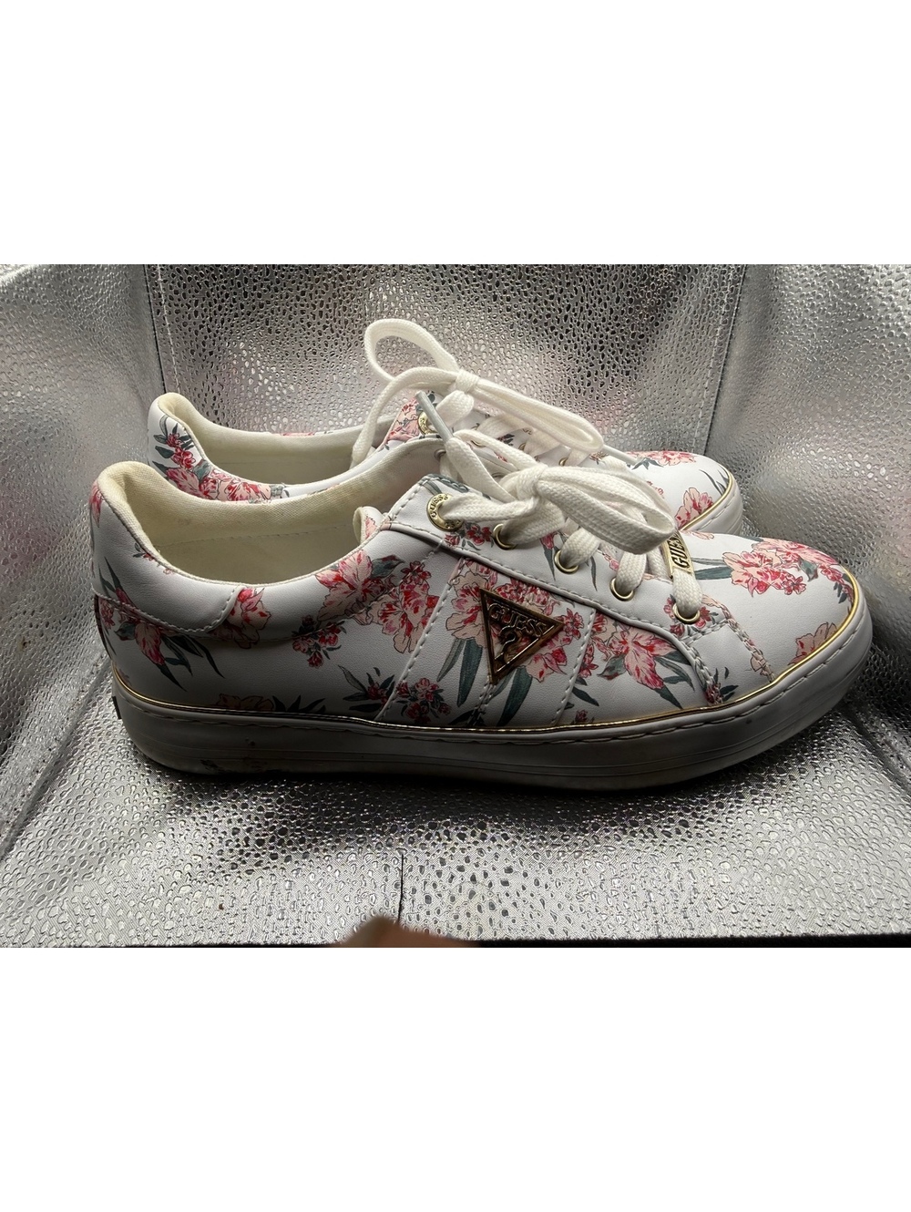 Guess Floral Print White Sneakers with Gold Accents